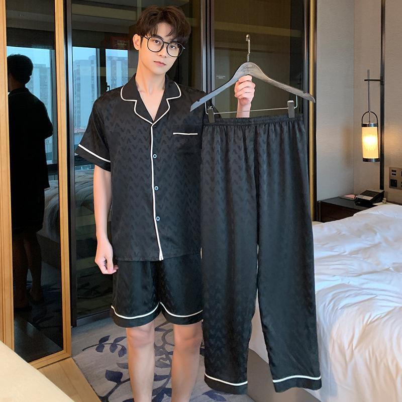 Set Pijama Bărbați Mărimi Mari Primăvară și Toamnă 3 Piese Mânecă Scurtă Pantaloni Scurți și Pantaloni Lungi Articole de Casă Jacquard Vară Subțire Mătase de Gheață Set Articole de Casă