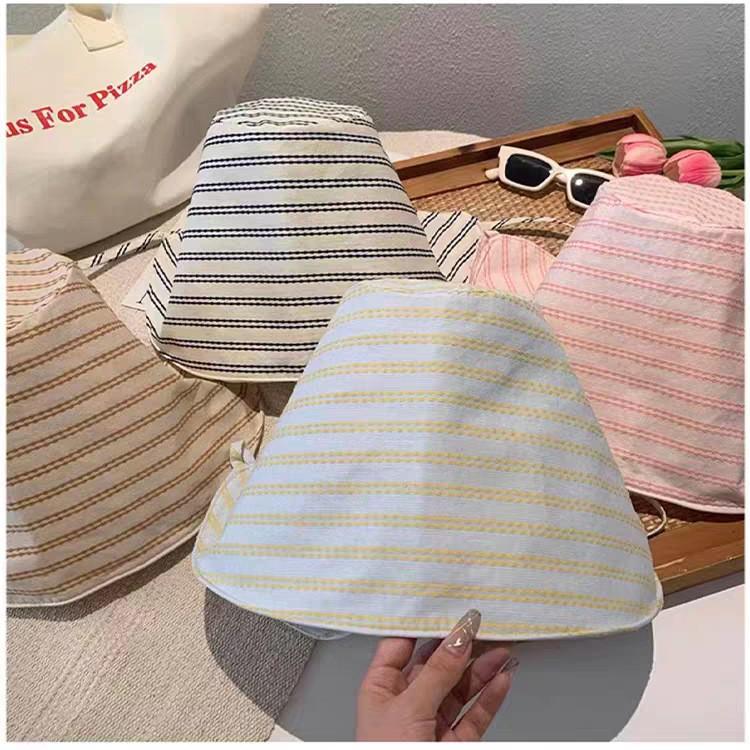 French-style new striped wide-brimmed fisherman's hat for women, summer sun protection, niche breathable hat that makes the face look smaller,