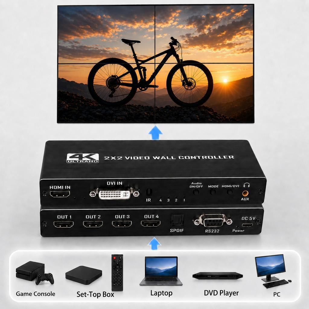 Controlador de Videowall HDMI 4K 2x2 Procesador de Videowall HDMI/DVI 1080P@ 60Hz con Salida de Audio; Combina 4 Pantallas de TV en una Única Pantalla de Pared