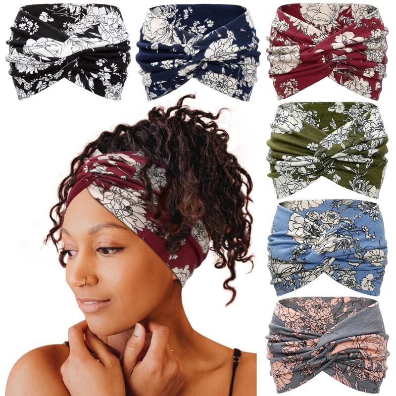 Bohemian Wide Headband Sweat-Absorbent Yoga Hair Wrap Cross-Tie Design 8cm Elastic Bandana - 6-Pack Set for Women Girls