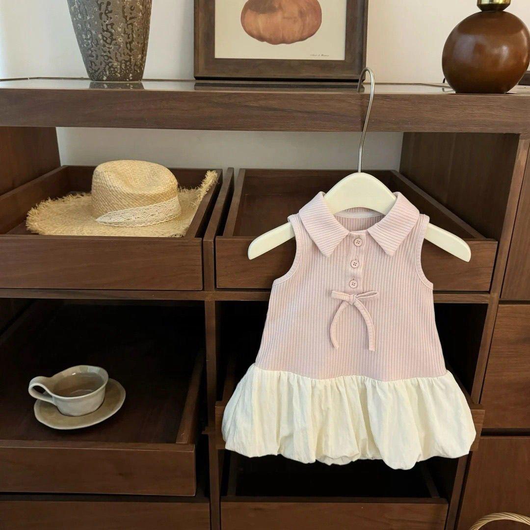Girls Summer Sleeveless Polo Collar Bubble Vest Spliced Tutu Dress Set Kids Casual Party Outfit 80cm розовый
