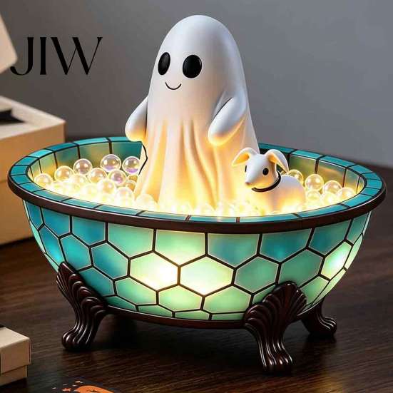 Retro Style Desktop Lamp Ghost Bubble Bath Lamp, Cute Night Light Halloween Decor, Decorative Stained Glass Resin Ornament & Puppy for Indoor Bedroom