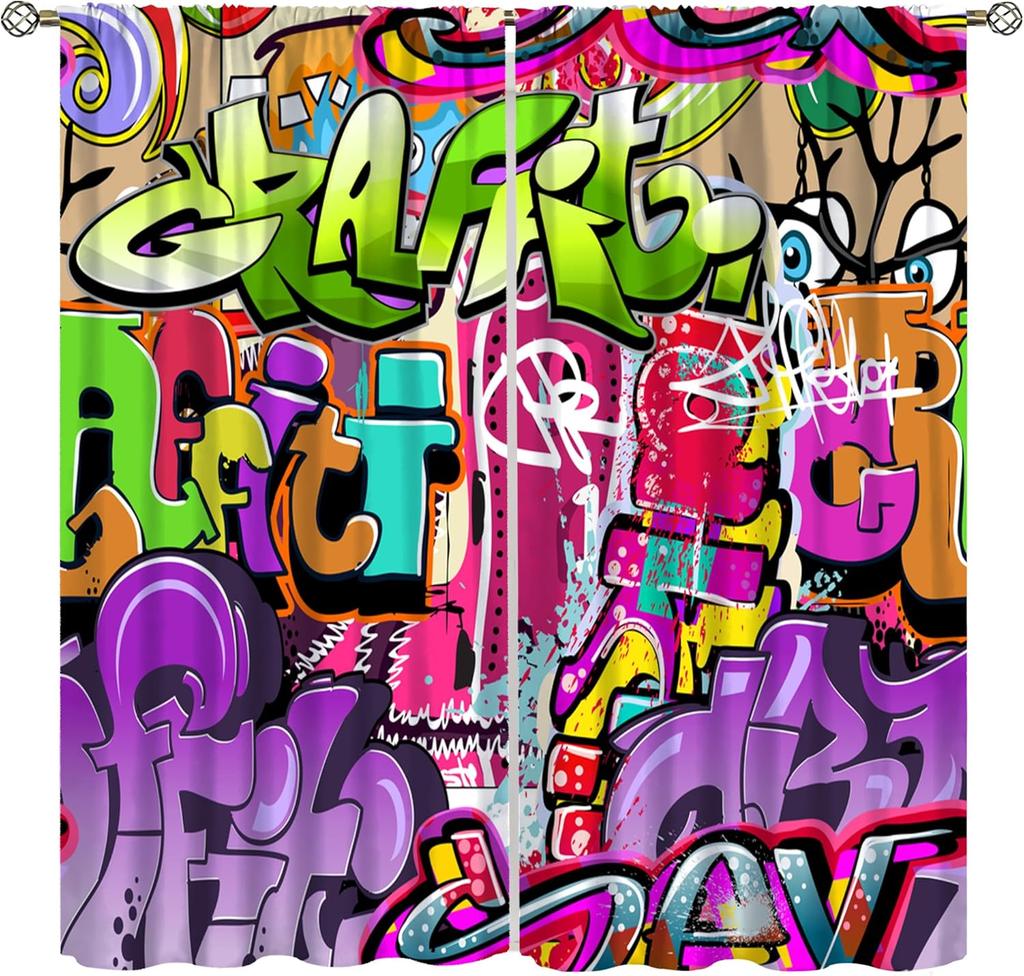 Modern Graffiti Curtains Boys Room Rap Abstract Art Street Wall Symbol Lines Window Drapes Print Kids Girls Curtain Made Of Polyester