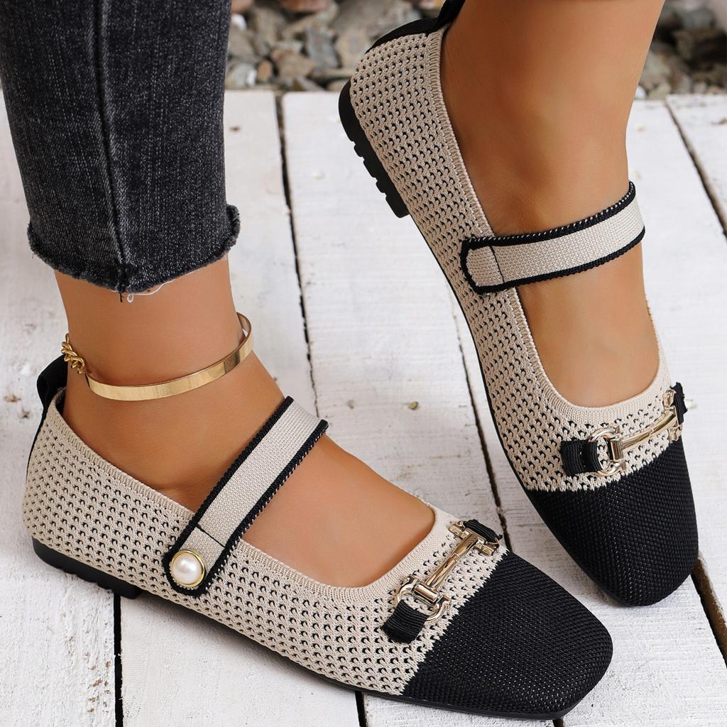 Knitted Square Toe Flat Mary Jane Shoes with Single Buckle Strap Comfortable Lightweight Casual Footwear for Women