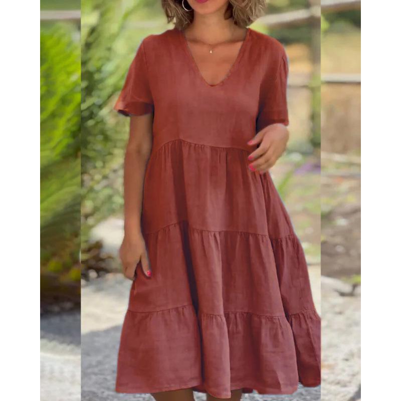 Fresh & Sweet V-Neck Solid Color Swing Short Dress for Women