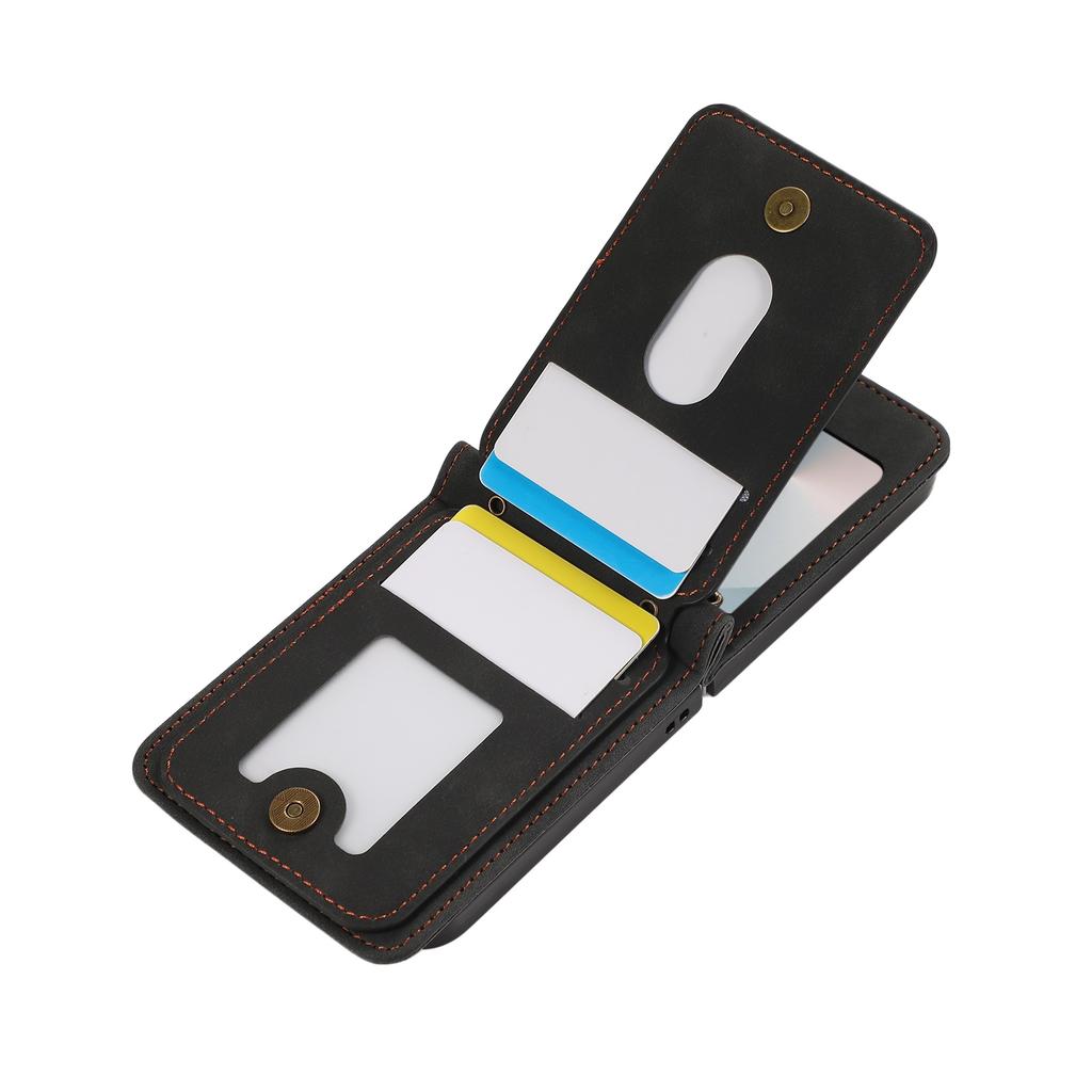 For Samsung Galaxy Z Flip7 FE 5G/Z Flip6 5G Case Card Holder Kickstand Leather + TPU Phone Cover with Shoulder Strap