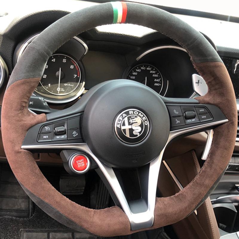 IMKC9 DIY Hand sewn Braid Black non-slip suede Car Steering Wheel Cover For Alfa Romeo Giulia Stelvio Giulietta Automotive Interior