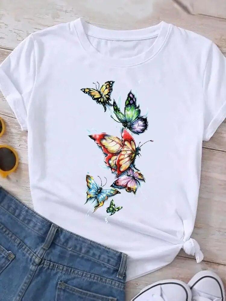 Graphic T Shirt Sunflower Butterfly Cute Summer Casual Clothing Short Sleeve Women Print Fashion Clothes Tee T-shirt FeUnisex Top
