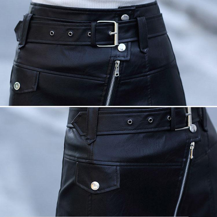 PU Skirt Women's Black Solid Color Diagonal Zipper Skirt Slim Leather Skirt Spring High Waist Hip Skirt