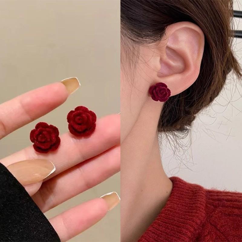 Red Ribbon Bow-knot Vintage Stud Earrings For Women Korean Fashion Autumn Winter Simple Bow Red Stud Earrings Geometric Earring