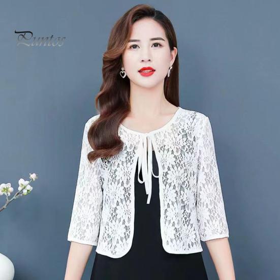 Women Fall Spring Coat Lace-up Floral Embroidery Solid Color Shawl Three Quarter Sleeves Loose Hollow Out Lace Round Neck Short Type Sun Protection
