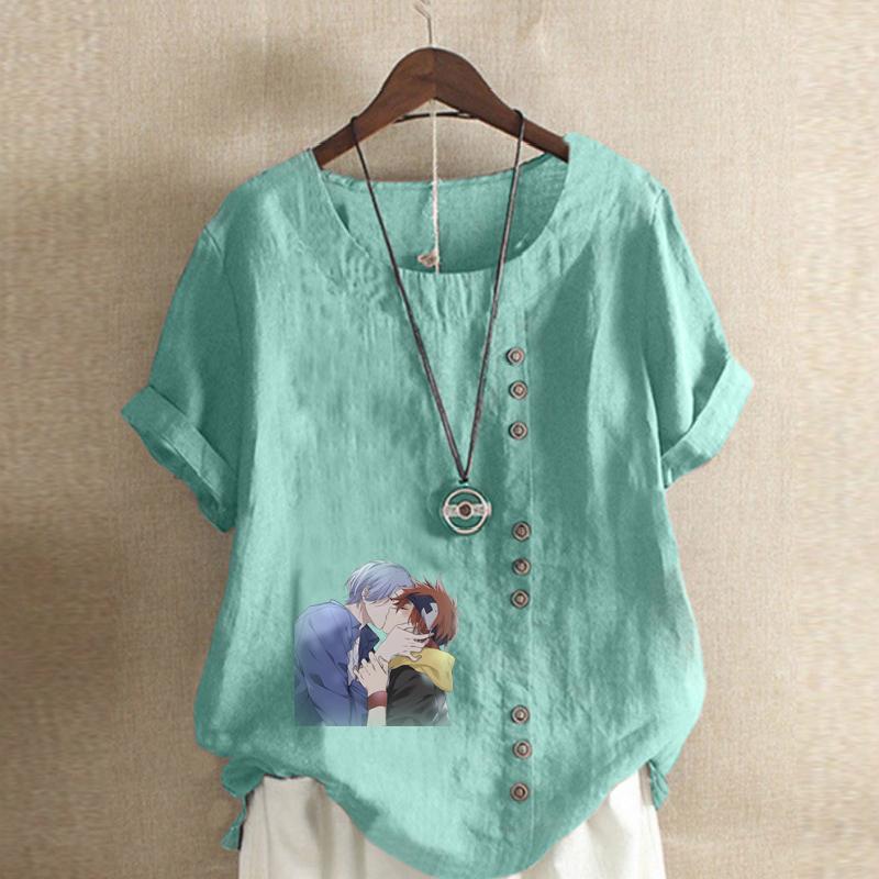 Moda Donna Maglietta Manica Corta Girocollo Stampata Coppia Carina Casual Cotone Lino Maglietta Grafica Tempo Libero Ampia Blusa Estiva Top