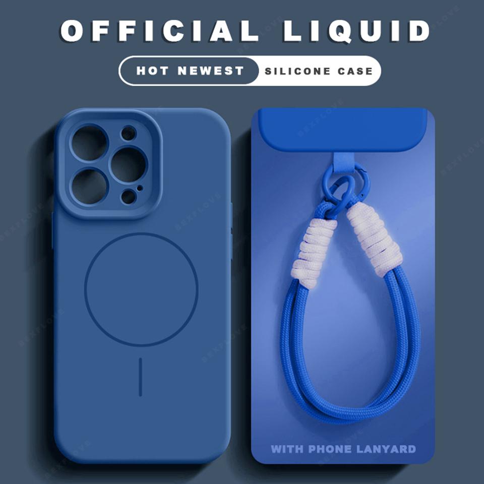 Liquid Silicone Lanyard Magnetic Phone Case For iPhone 16 14 15 Plus 11 12 13 16 Pro Max Magsafe Charge Strap Protector Cover
