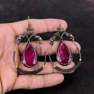 Fasettslipad Kashmir Rubin Örhänge Koppartrådslindade Ädelstensörhängen Handgjorda Kopparsmycken Gåva För Kvinnor Snyggt Örhänge Helt Nytt Smycke