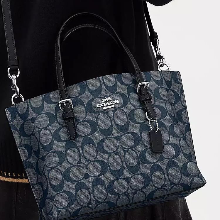 Coach Mollie Classic Monogram Zip Closure Coated Canvas And Leather Tote Bag Women tote Silver Midnight-Navy C4250-SVN2V
