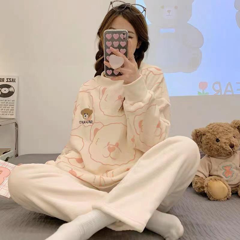 Petite Women's Coral Fleece Pajamas for Outdoor Wear, Cute Flannel Home Set, 2024 Autumn/Winter Collection