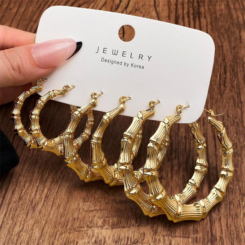 Панк Золотого Цвета Большие Серьги-Кольца из Бамбука для Женщин Геометрические Большие Круглые Металлические Преувеличенные Серьги Вечеринка Ювелирные Изделия Подарки