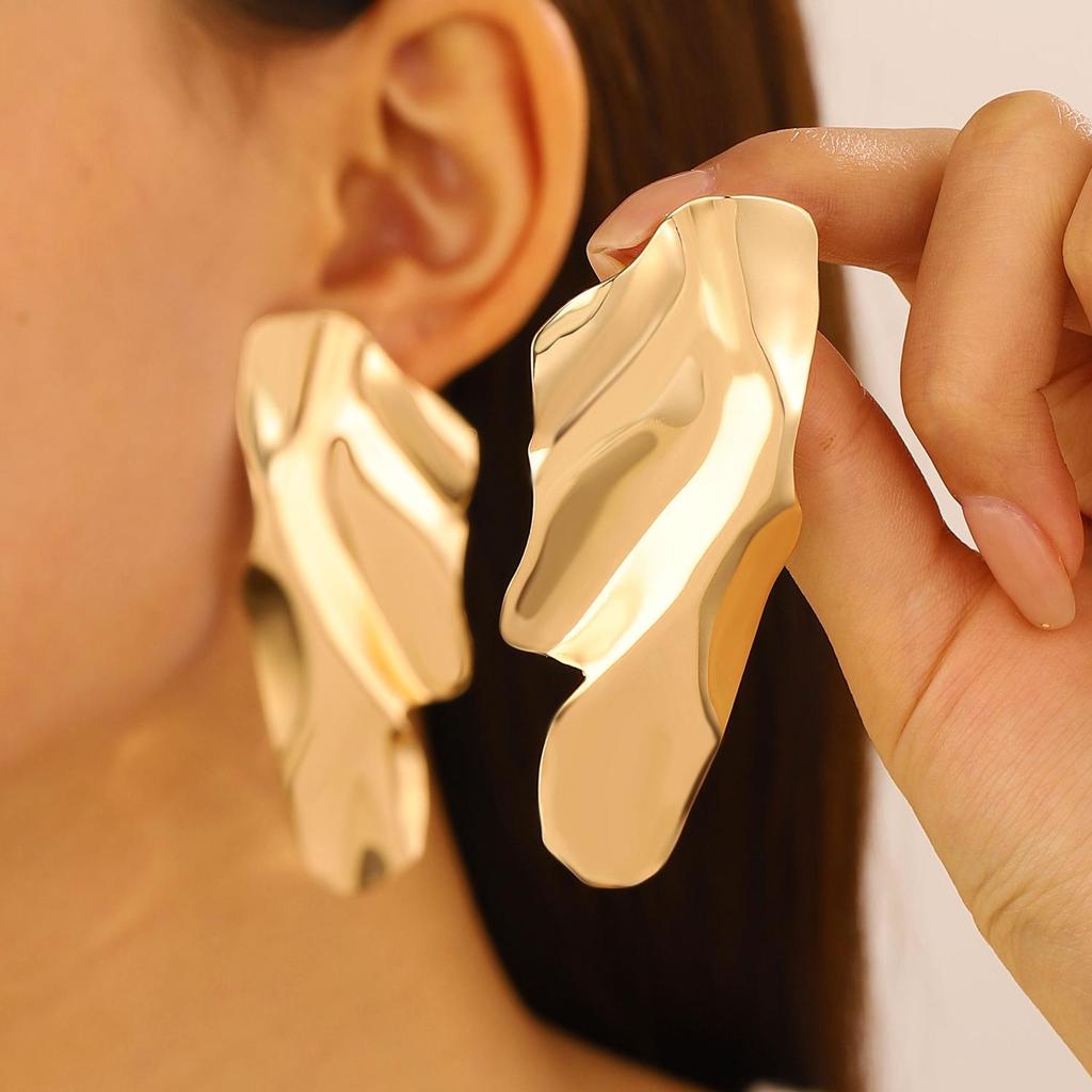 Vintage Titanium Steel Geometric Earrings: European & American Retro Style, Smooth Irregular Pleated Design