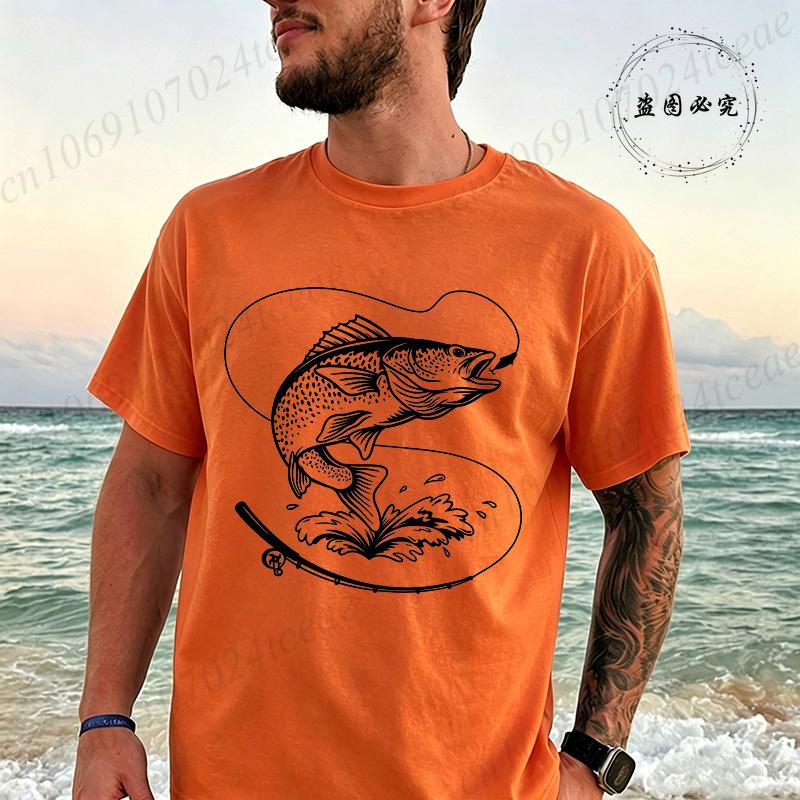 Retro Fish Fishing Print T-shirt Men Summer Breathable Tee T-Shirts Beach Vacation Casual Shirts Fisherman Gift Oversized Tops