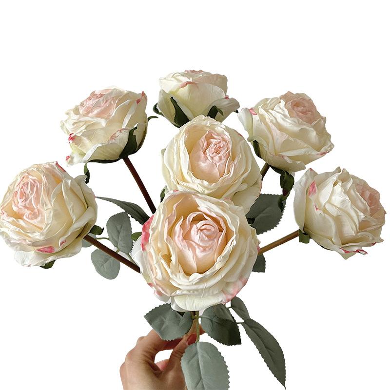 43CM 7-piece Tied Roasted Edge Rose Artificial Bouquet High-end Home Soft Decoration Floral Ornaments