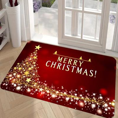 1pc Merry Christmas Indoor Door Mat Floor Mats,Red Black Golden Christmas Tree and Stars