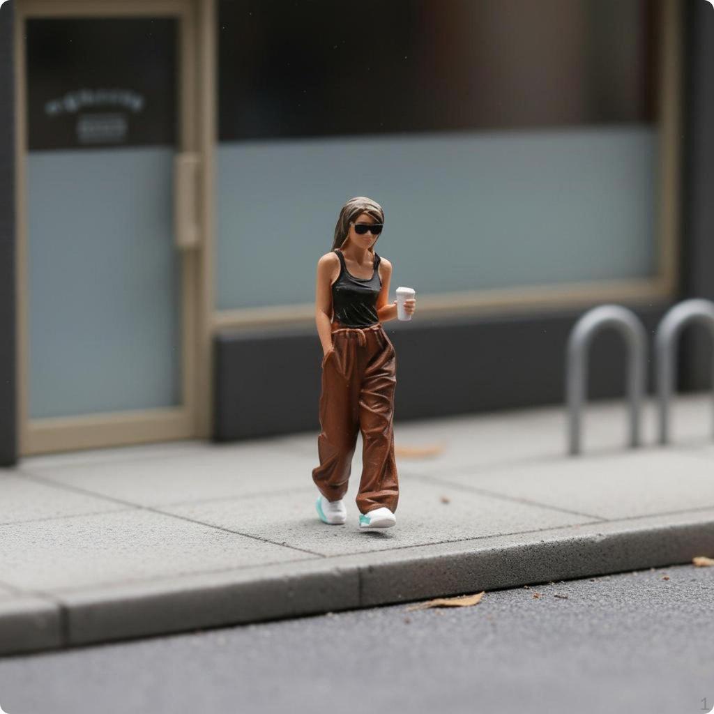 Holding Coffee Cup Woman Statue Collectible 1:64 Scale Resin Figure High Detail Walking