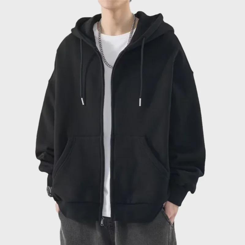 Men's Autumn and Winter Solid Color Zipper Hoodie: Plus Velvet Cardigan Sweatshirt
