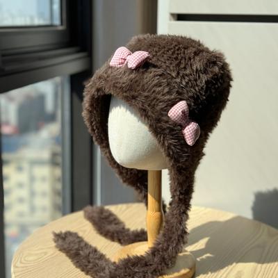 New Cute Bow Bear Ears Plush Hat for Women In Autumn and Winter Thickened and Warm Ear Protection Hood Small Face