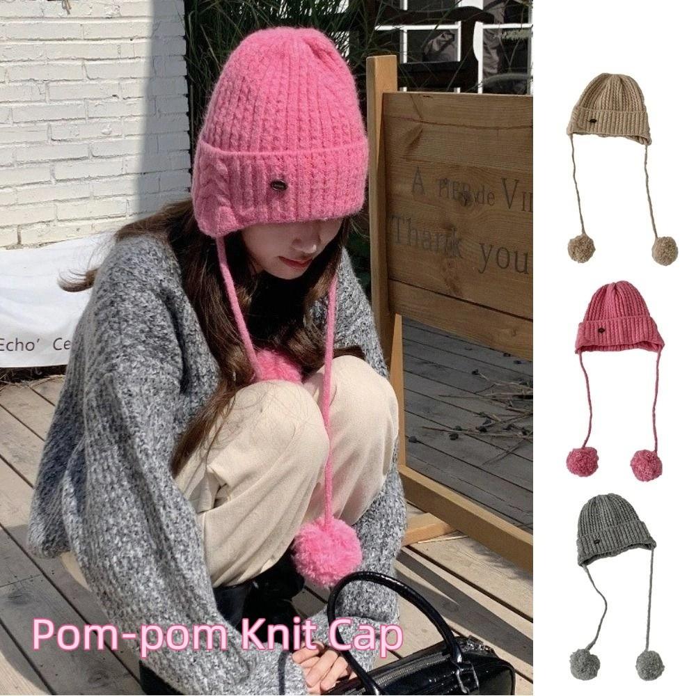 Windproof Y2k Knitted Cap Thick Beanie Hats Japanese Pom-pom Knit Cap  Outdoor