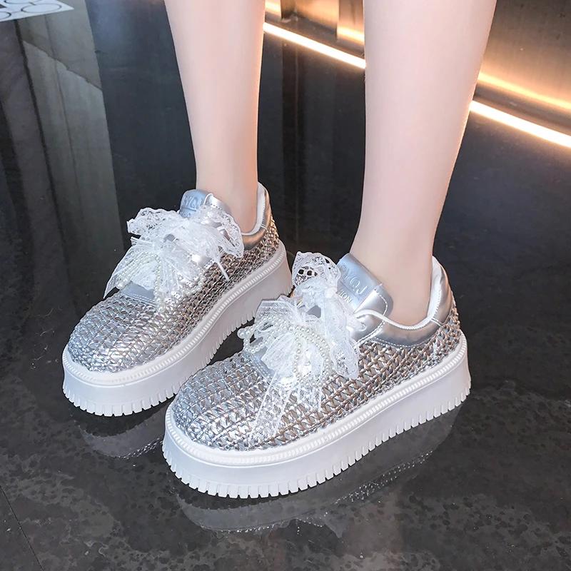 Shoes for Women 2025 New Summer Hollow Out Thick Bottom Women Sneakers Casual Breathable Solid Lace Up Women's Vulcanize Shoes