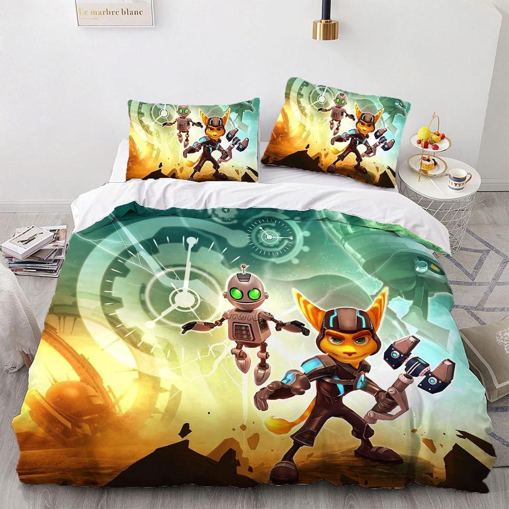 Ensemble de literie 3D Jeu Ratchet & Clank Rift Apart Ensemble de lit imprimé Housse de couette Drap Taie d'oreiller Lit Couette douce Taille Double Queen King