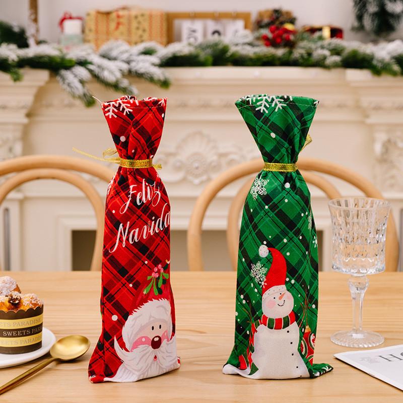 Festive Red Green Checkered Snowman Wine Bottle Cover Perfect For Decor Christmas