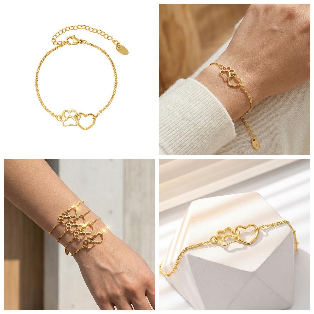 Stainless Steel Gold-Plated Cat Paw Heart Chain Bracelet - Cute & Versatile Fashion Accessory