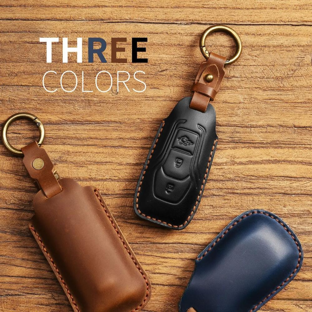 Autoschlüsselhülle, Leder-Schlüsselanhänger-Abdeckung für Ford Kuga Fiesta Focus Mondeo Ecosport & Mehr, mit Metallring