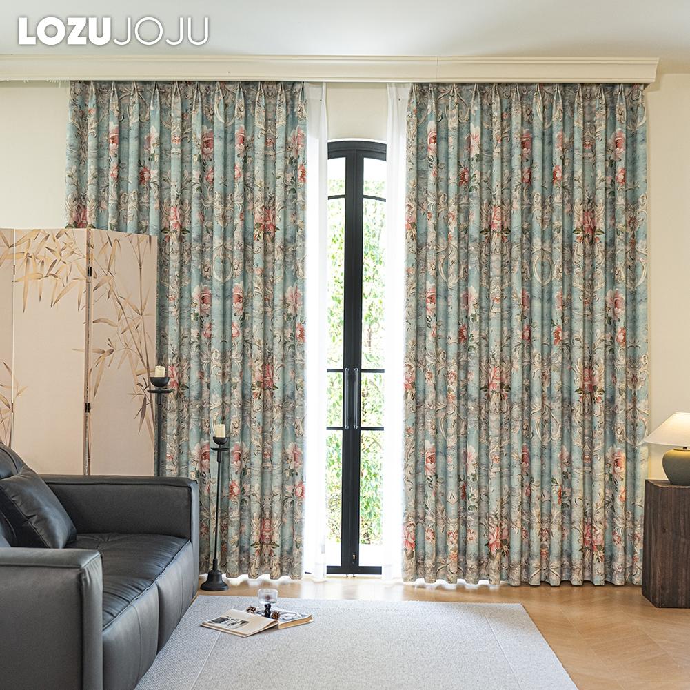 1PC LOZUJOJU French Idyllic Style Blackout Curtains Blue Bottom Peony Print Curtains Thick Curtains for Bedroom Living Room Window for Home Decor