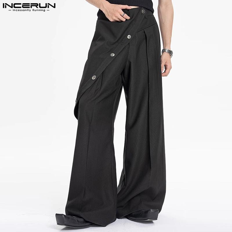 INCERUN Pantalon long décontracté à fermeture éclair et boutons pour hommes, pantalon à jambe large