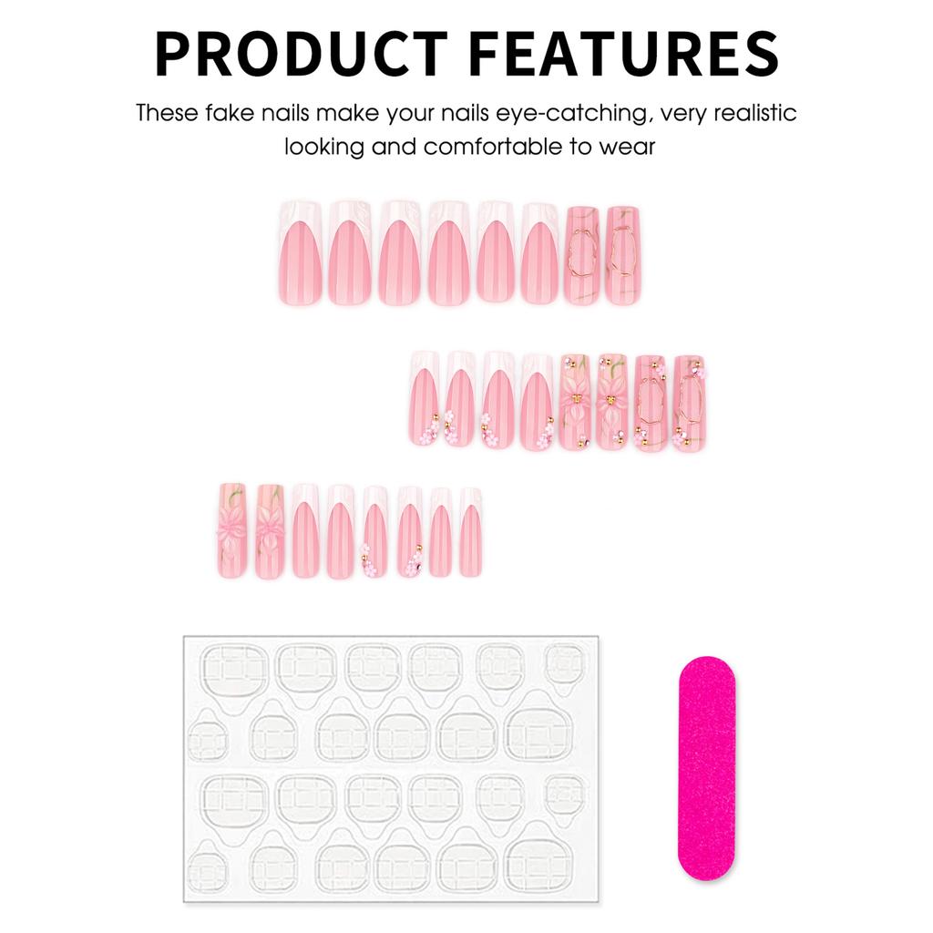 3D Flower Pearl French False Nails 24 Pieces Comfort Fit for Women