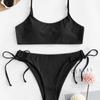 Europäische und amerikanische Damen Sexy Zweiteiler Sandstrand-Bikini-Set Solides Bademode-Set Gepolstertes Oberteil Seitlich gebundener Dreieck-Badeanzug Bandage Tankini-Badeanzug