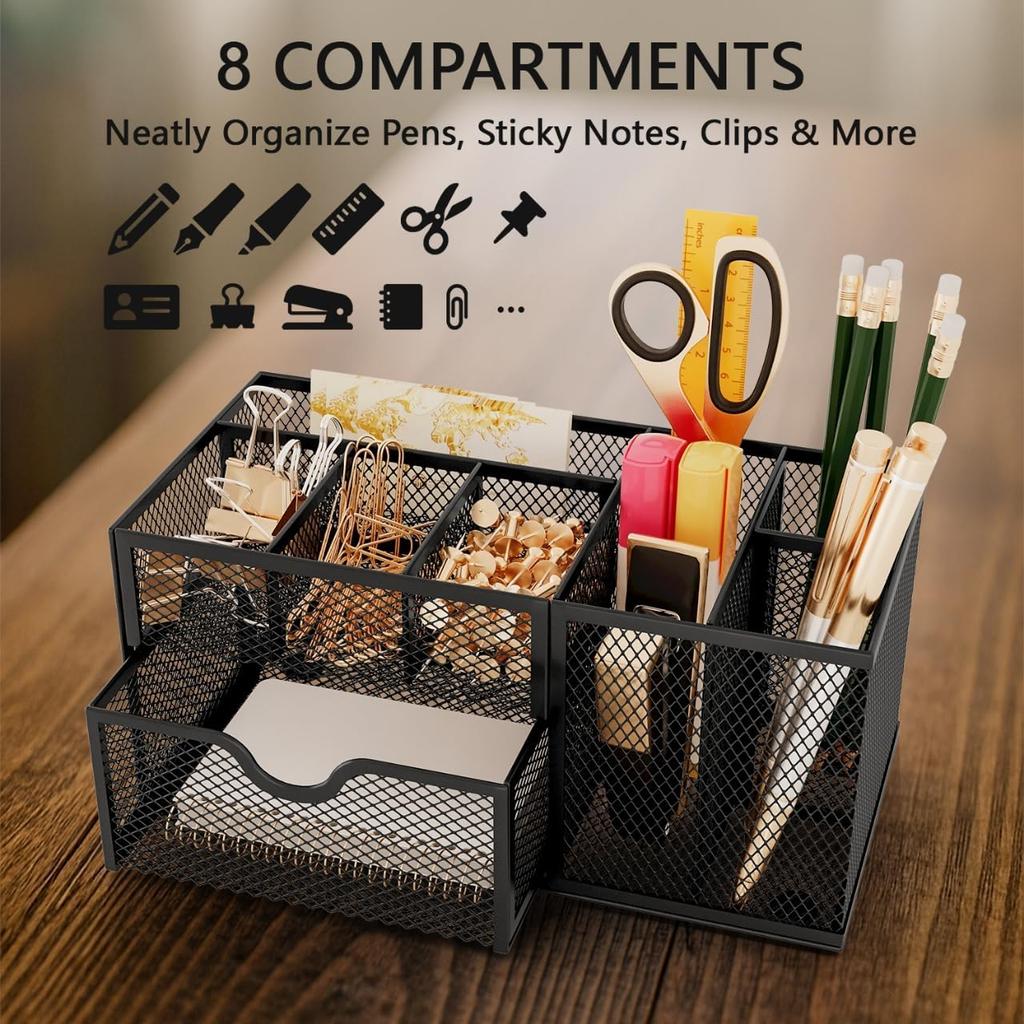 Mesh Pen Holder for Desk 8 Compartment Desk Organizer for Pens Pencils Sticky Notes Clips Office Accessories