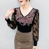Spring Autumn Women's Lace Sleeve Patchwork T-Shirt Elegant V-neck Tees Slim Ladies Tops With Rhinestone Flower