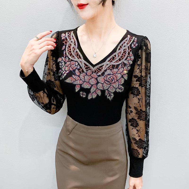 Spring Autumn Women's Lace Sleeve Patchwork T-Shirt Elegant V-neck Tees Slim Ladies Tops With Rhinestone Flower