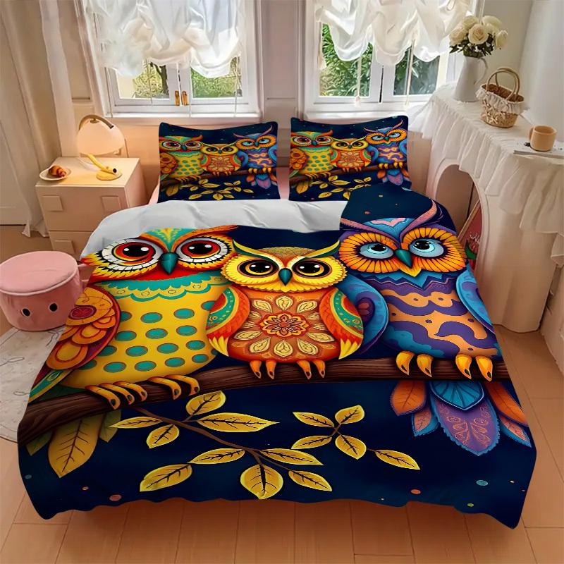 3pcs Colorful Owl Artwork Duvet Cover Set -Includes 1 Duvet Cover and 2 Pillowcases, No Quilt Core, All-Season Home Decor Yy251111195