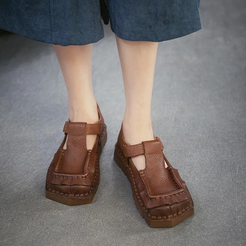 Johnature Square Toe Thick Soled Comfortable Commuter Women's Shoes Retro Genuine Leather Flats