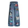 American fun cartoon sticker embroidered jeans women's spring and autumn new design sense loose wide-leg trousers tide