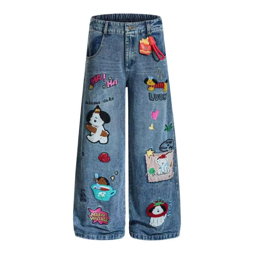 American fun cartoon sticker embroidered jeans women's spring and autumn new design sense loose wide-leg trousers tide