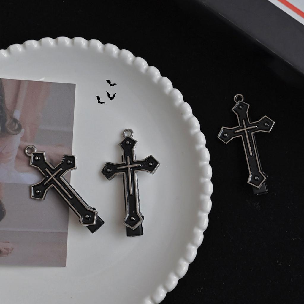 Metal Cross Hair Clip Dark Balletcore Cross Dark Flat Clip Halloween Hairpin Dark Elegant Hair Clip for Bunches