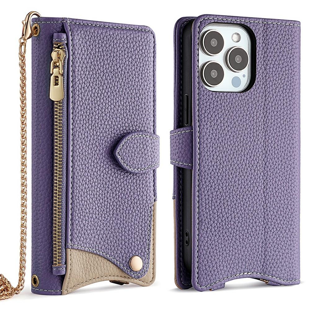

For iPhone 15 Pro Leather Case Wallet Stand Cover Irregular Tail Style with Chain Strap E