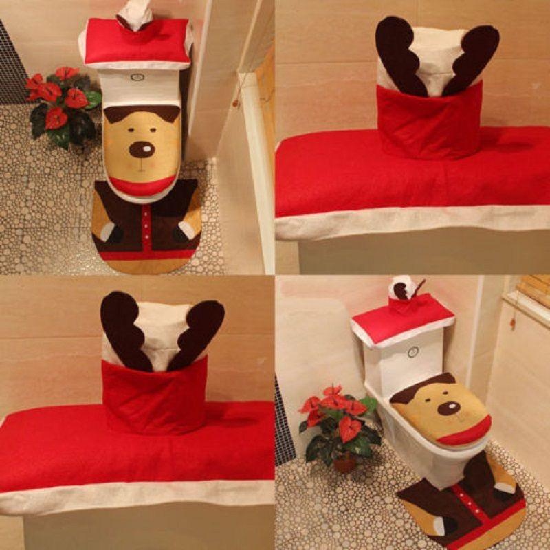 Festliches Weihnachts-WC-Sitzbezug-Set mit Weihnachtsmann-, Schneemann- und Rentiermotiven