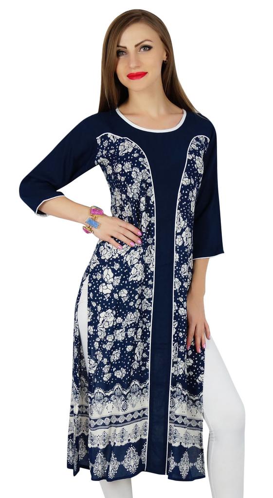 Bimba Women Blue Rayon Kurta Kurti Casual Formal Tunic Summer Blouse 3 4