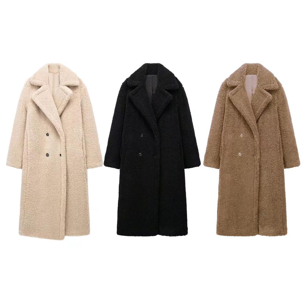 Winter Women Casual Solid Coat Double Breasted Fleece Coat Loose Fit Long Coat Women Vintage Oversized Long Jacket